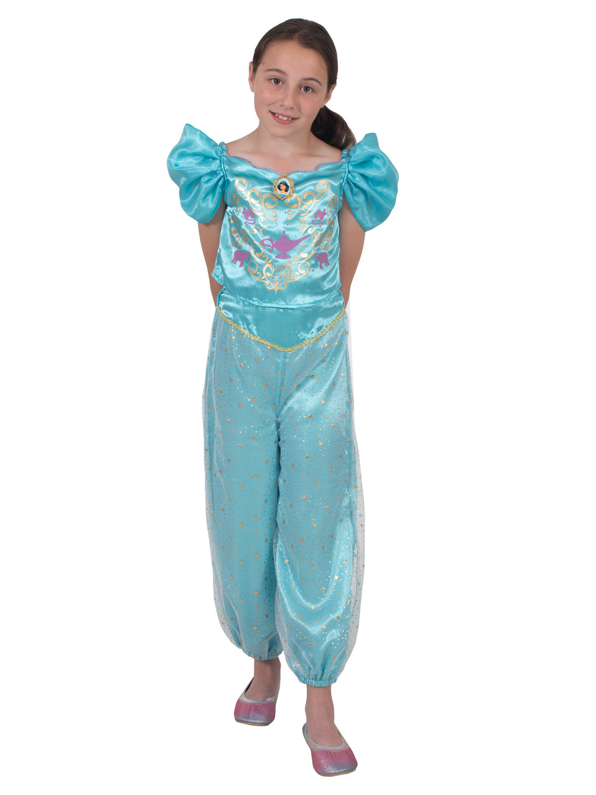 Girl standing in the Jasmine Sparkle costume with the puff-sleeve top and tulle-layered harem pants
