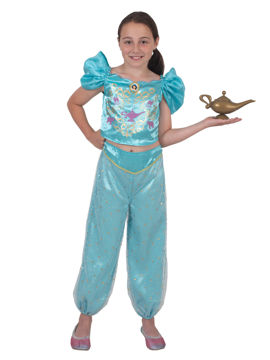 Girl with one hand raised in the Jasmine Sparkle costume, wearing the aqua top and shimmery harem pants
