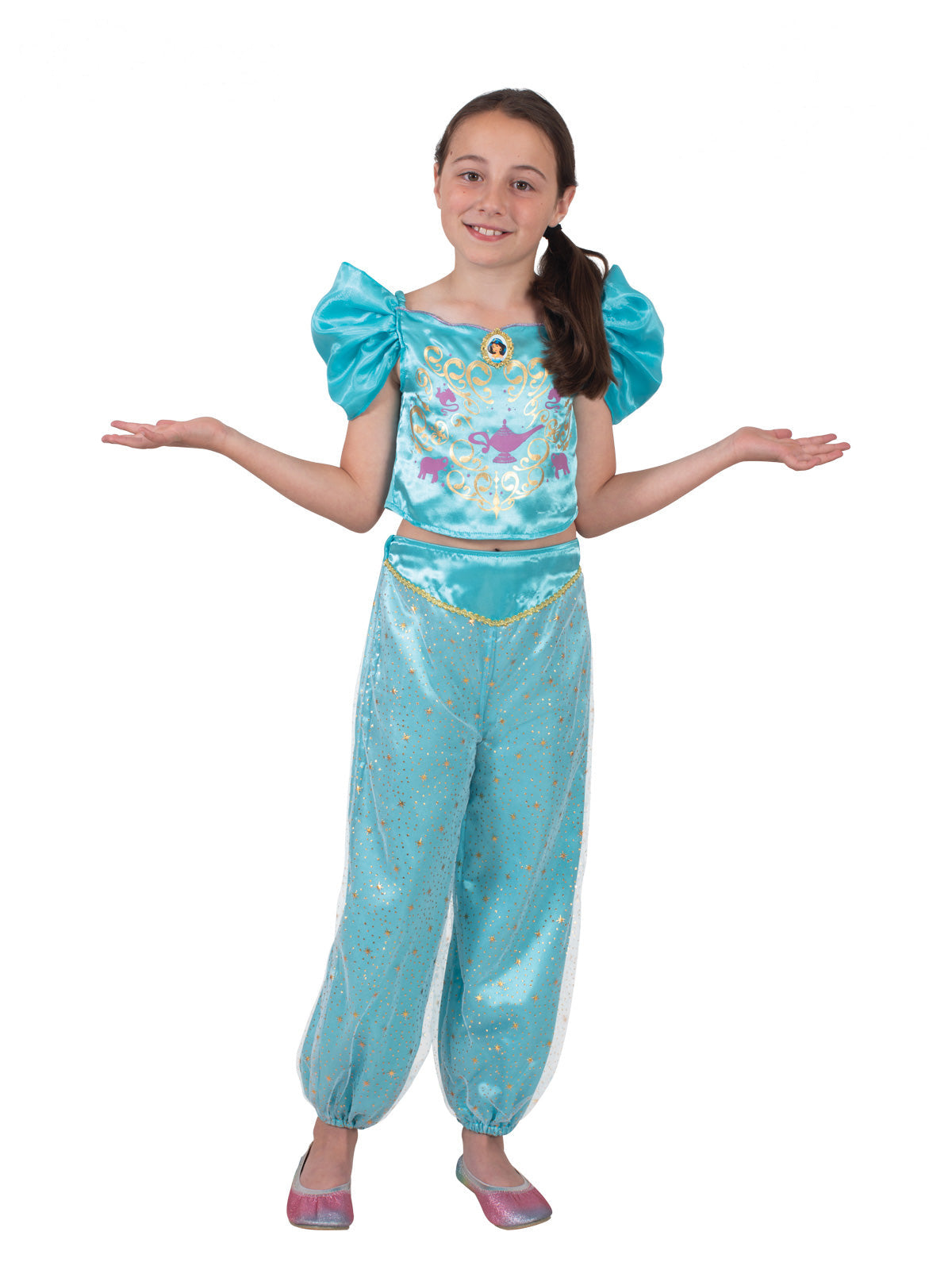 Girl in the Jasmine Sparkle Deluxe costume with a teal satin puff-sleeve top and sparkly harem pants