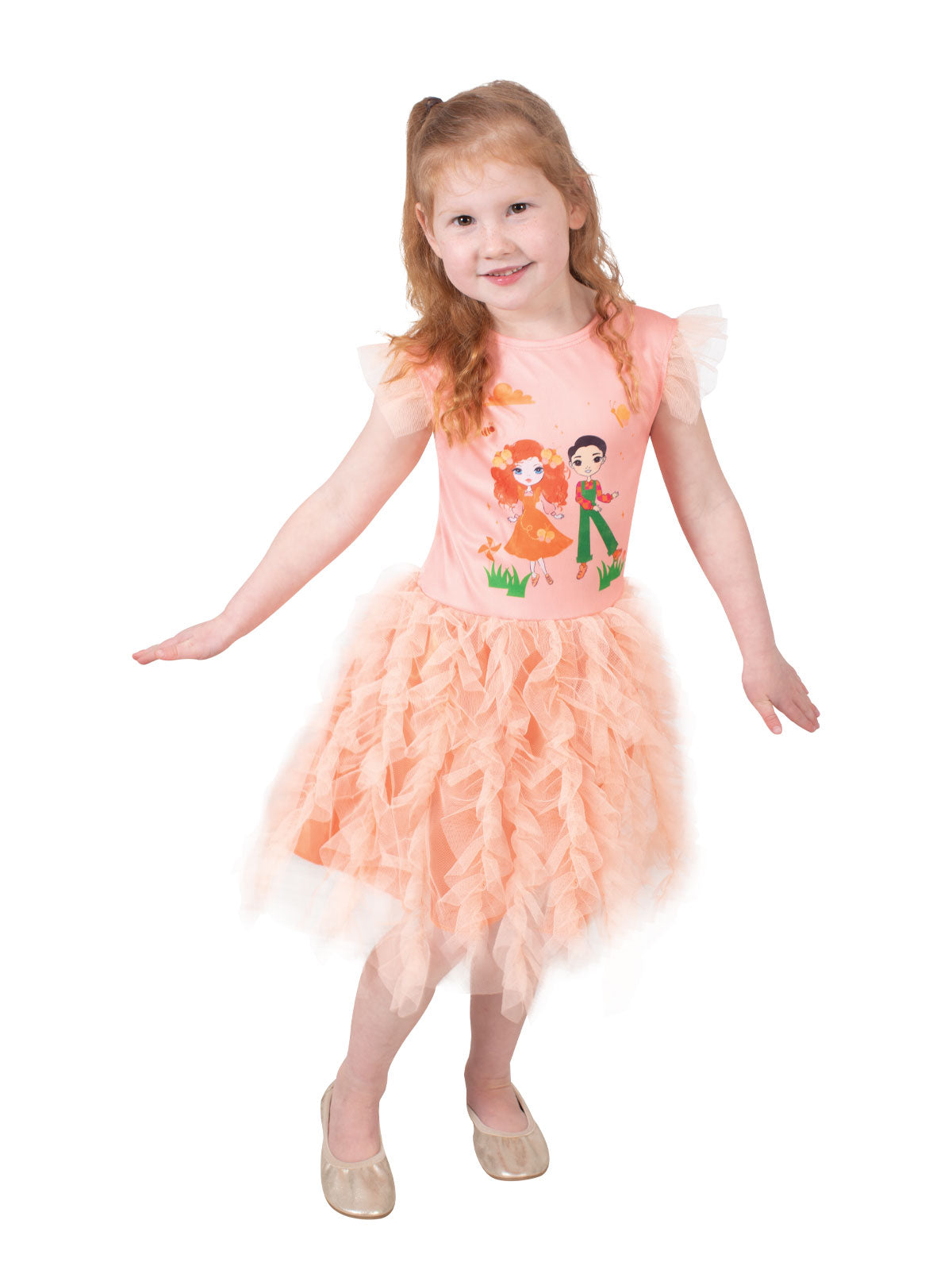 Girl in Emma Memma and Elvin Melvin peach tutu dress with character print