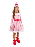 Girl in Elf Jovie pink dress with white trim, red belt, elf hat and red shoe covers