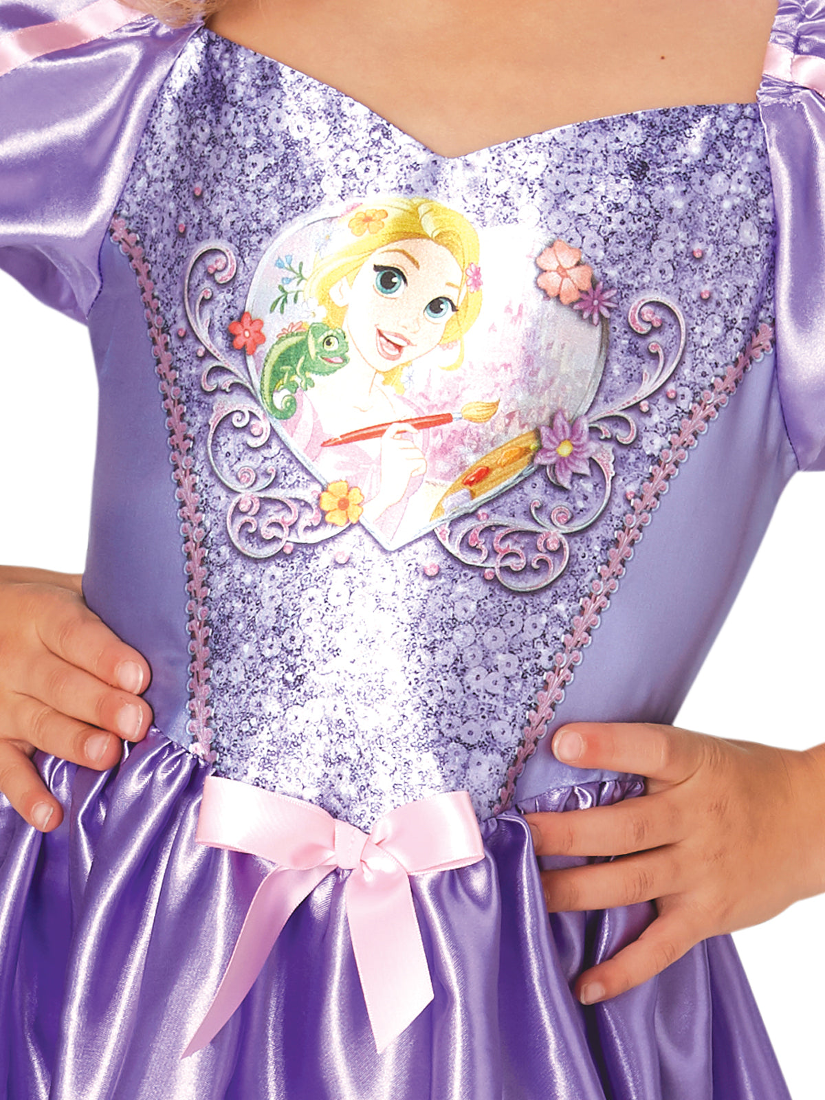 Close-up of the Rapunzel bodice with printed character art and sparkle details