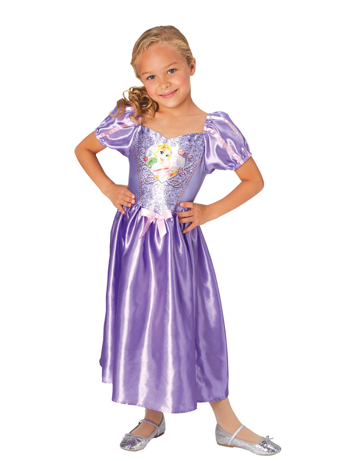 Girl in the lilac Rapunzel Sequin dress with printed bodice, puff sleeves and bow at the waist