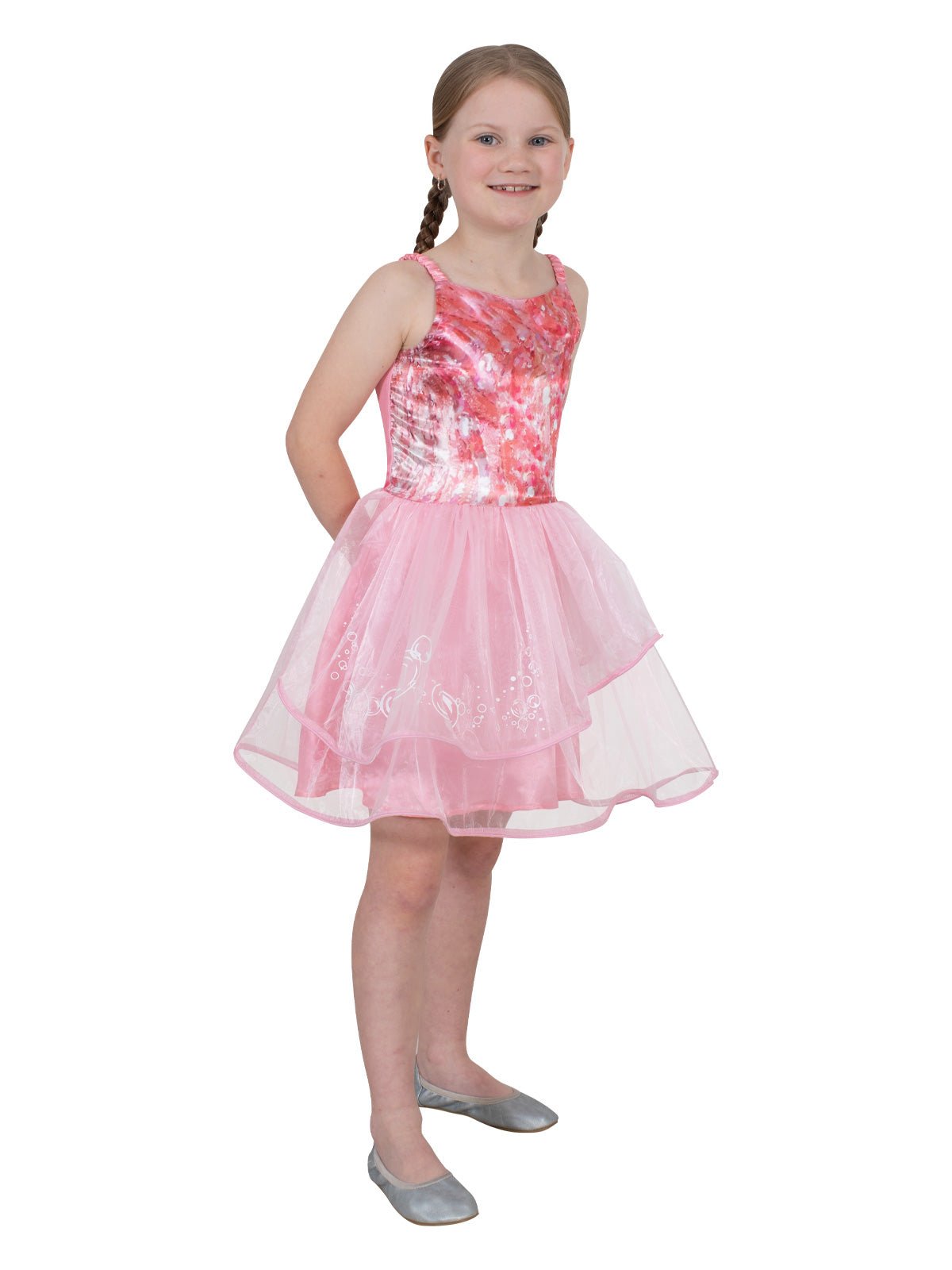 Side view of the pink Glinda tutu dress with a plaited hairstyle and a bubble-print skirt