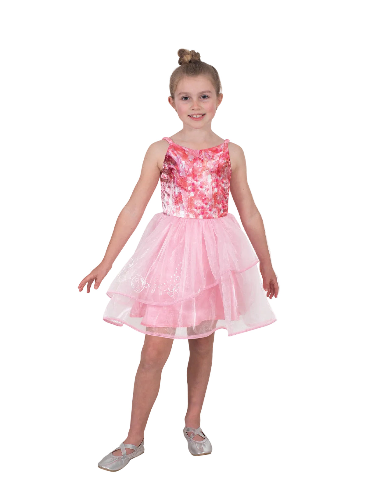 Girl in the Wicked For Good Glinda dress with a sparkly pink bodice and layered tulle skirt