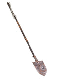 Weathered toy grave digger shovel with rope-wrapped handle