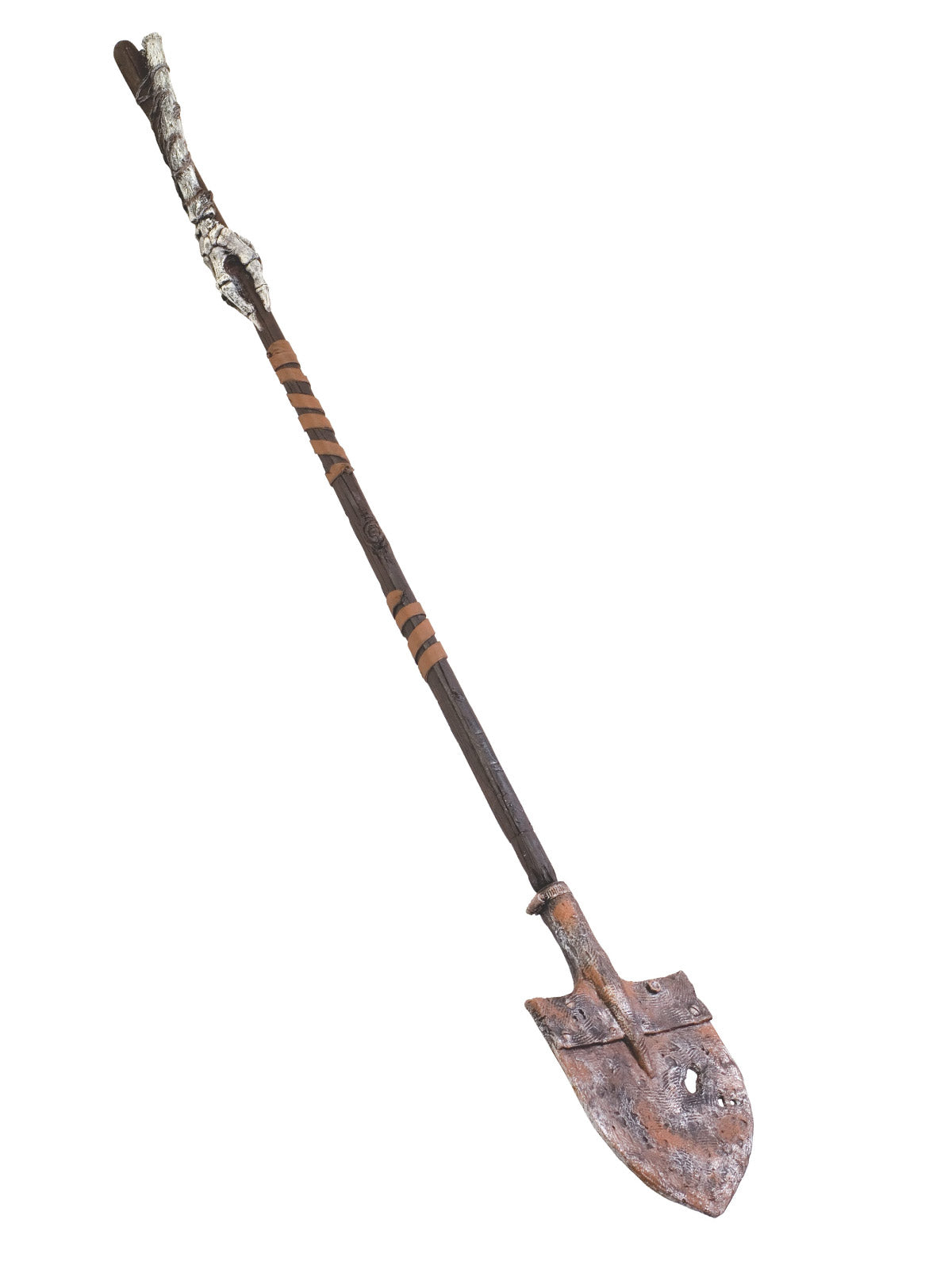 Weathered toy grave digger shovel with rope-wrapped handle