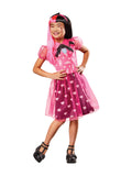 Girl in Monster High Draculaura pink dress with bat print, heart tulle skirt and bat headband