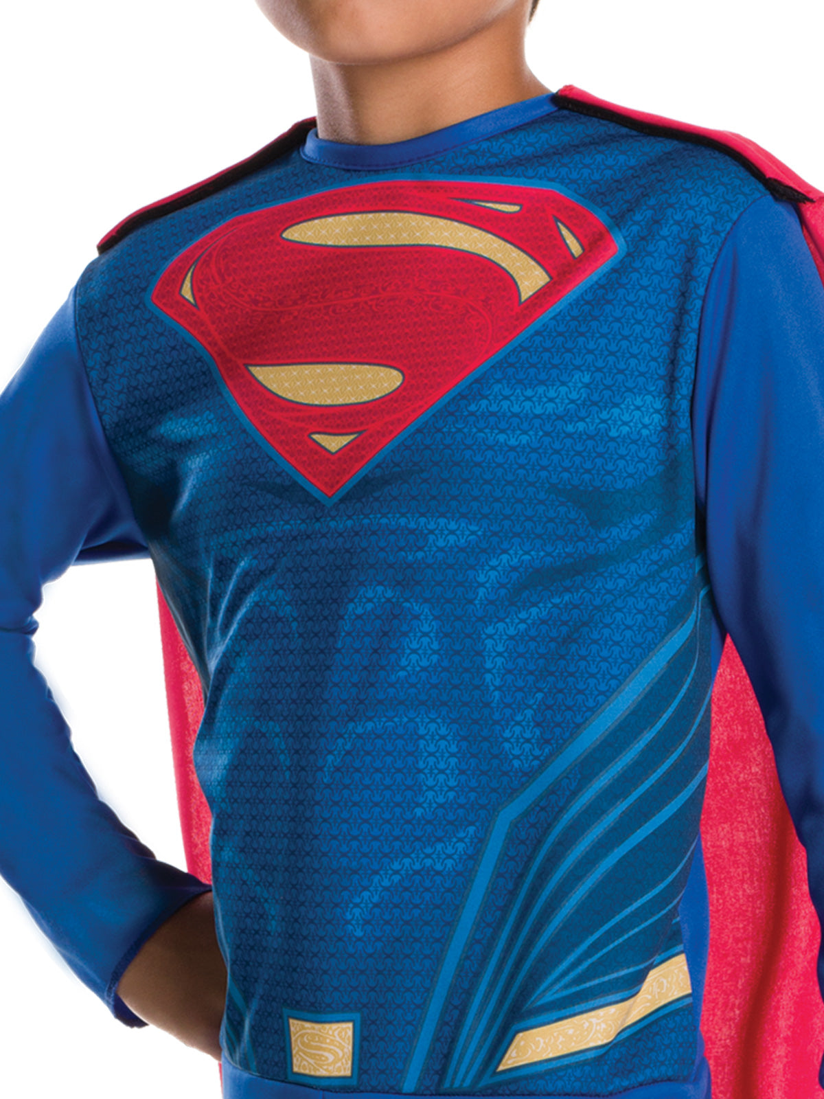 Close-up of the Superman jumpsuit's digitally printed bodice with red and gold S emblem