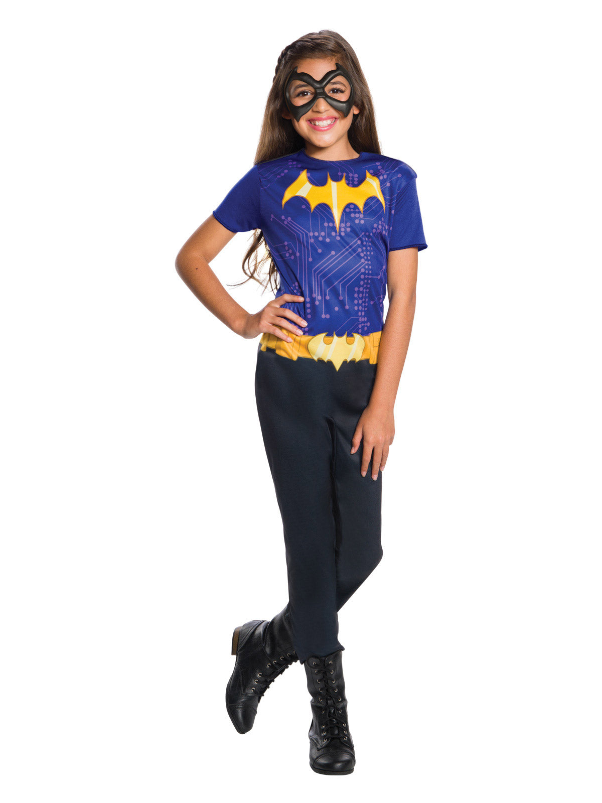 Girl in DC Batgirl costume with blue top, yellow bat emblem, printed belt and black eye mask