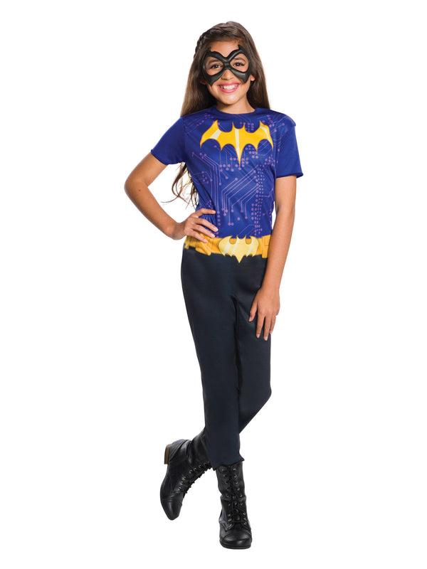 Girl in DC Batgirl costume with blue top, yellow bat emblem, printed belt and black eye mask