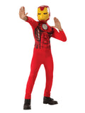 Boy in the Marvel Iron Man Classic costume with a red printed top, plain red pants and gold face mask