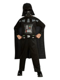 Boy in Darth Vader classic jumpsuit with printed control panel, long black cape and mask