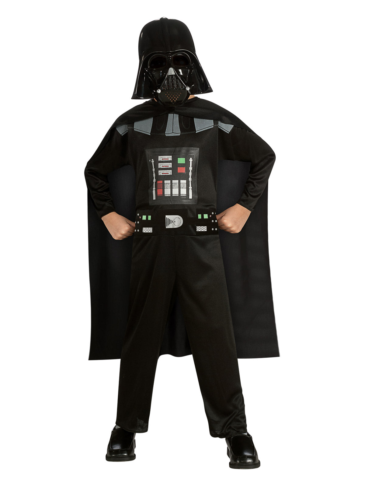 Boy in Darth Vader classic jumpsuit with printed control panel, long black cape and mask
