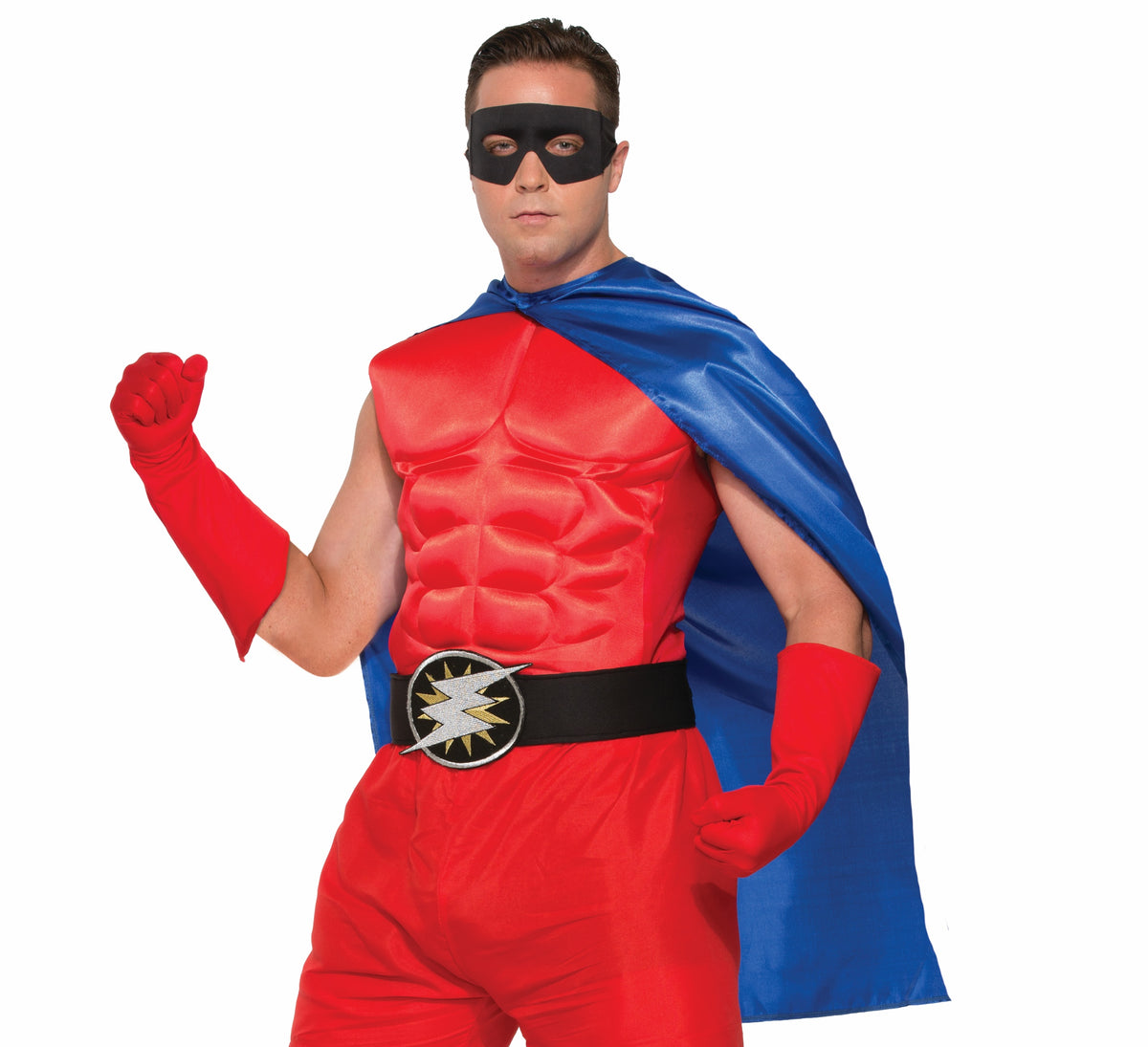 Man in a superhero outfit wearing a blue satin hero cape