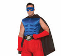 Man wearing a blue satin sleeveless muscle chest top
