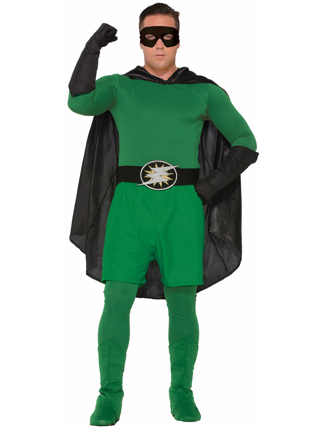 Man wearing green hero shorts with a black cape, mask and green leggings