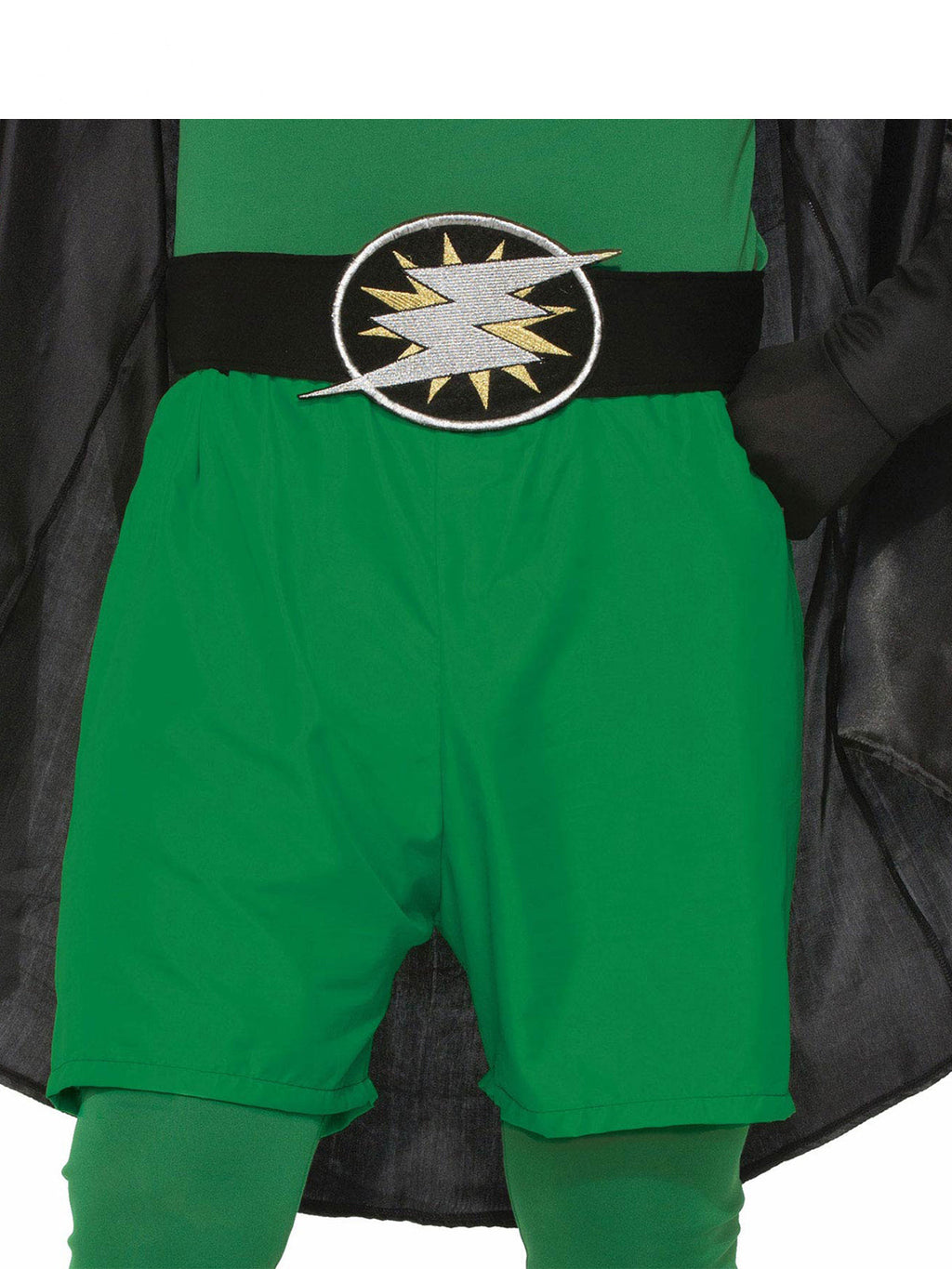 Green hero shorts with an elastic waist and a black belt with a round emblem