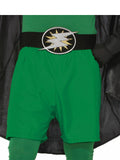 Green hero shorts with an elastic waist and a black belt with a round emblem