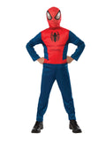 Boy wearing a classic Spider-Man jumpsuit with printed red web bodice, blue sleeves and pants and snood