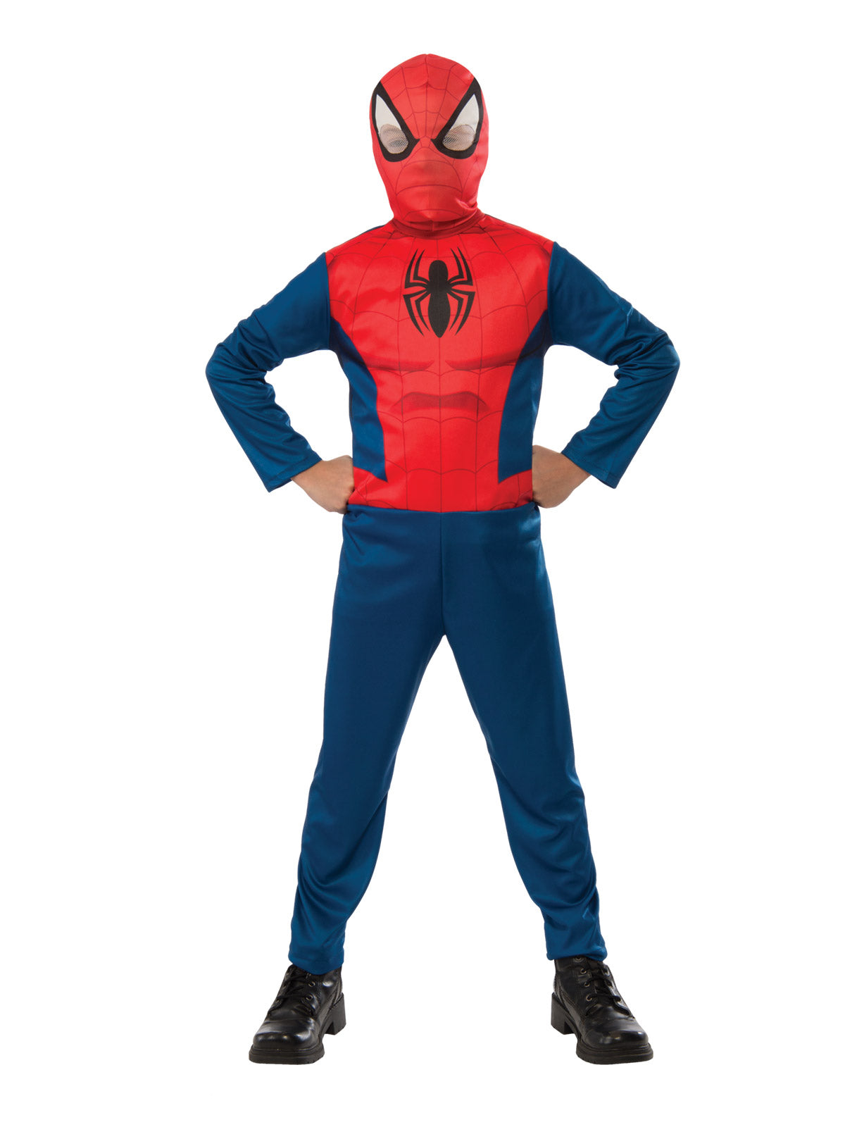 Boy wearing a classic Spider-Man jumpsuit with printed red web bodice, blue sleeves and pants and snood