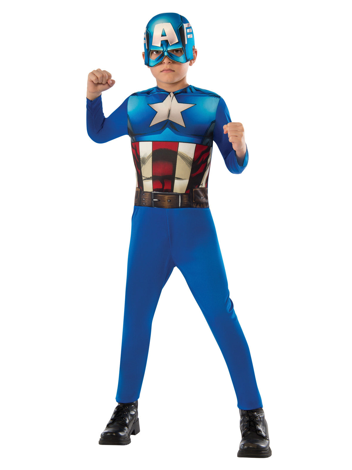 Boy in Captain America jumpsuit with white star, red and white stripes and blue half mask