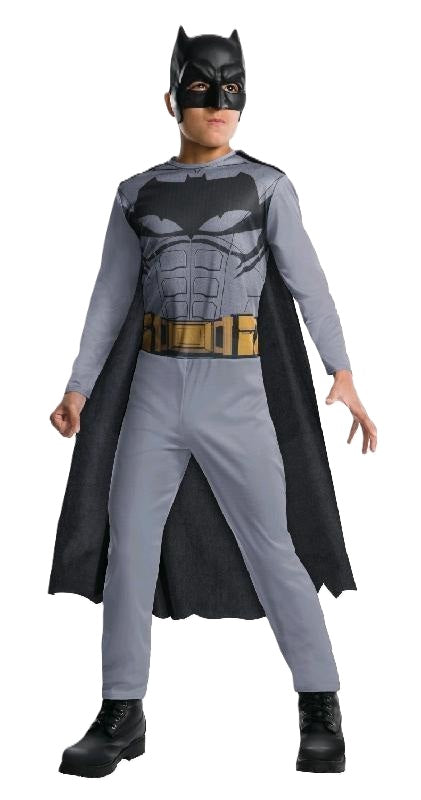 Boy in grey Batman jumpsuit with black bat emblem, printed gold belt, black cape and half mask