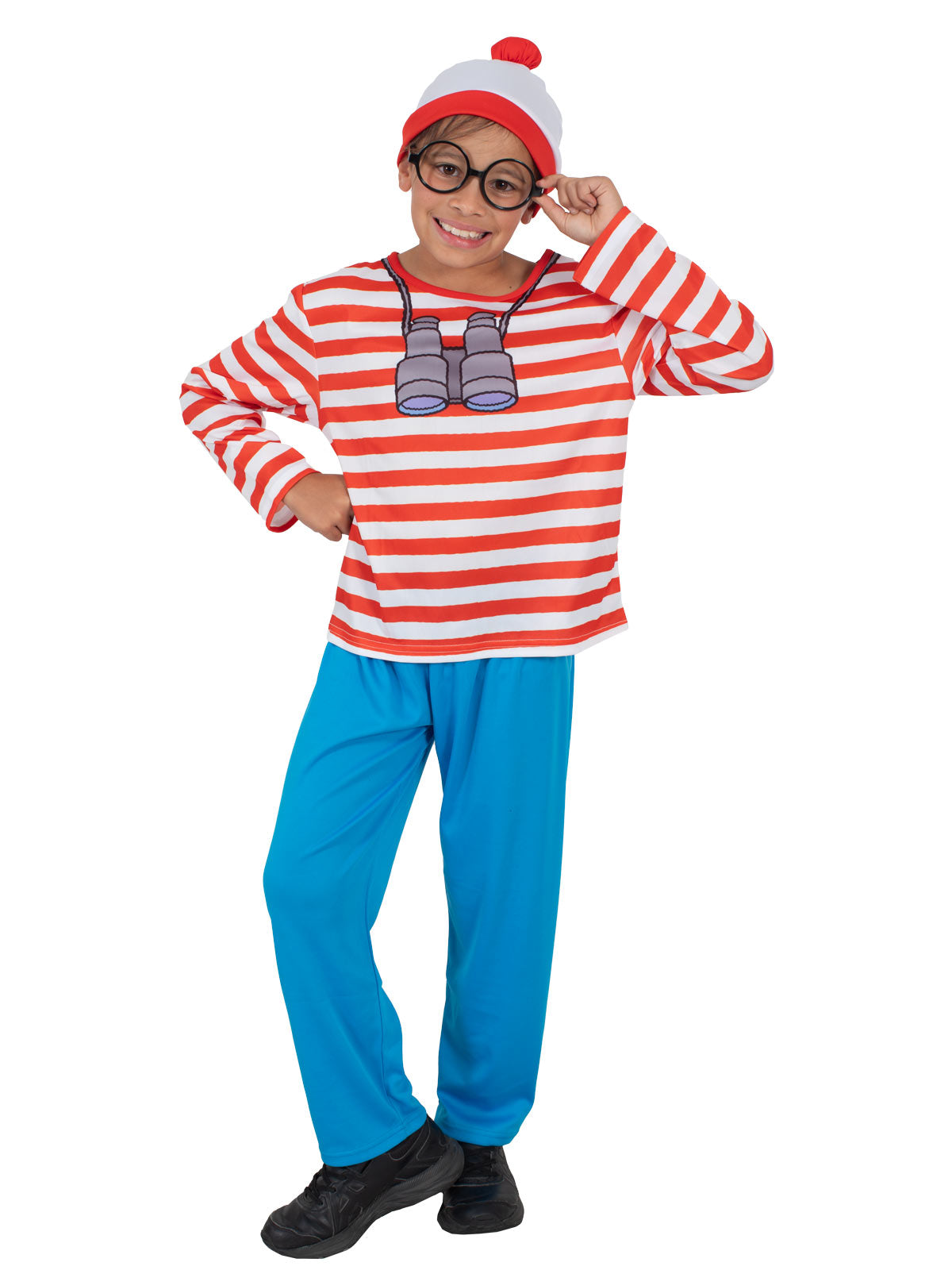 Boy in the Where's Wally costume standing with the red pom pom beanie and glasses