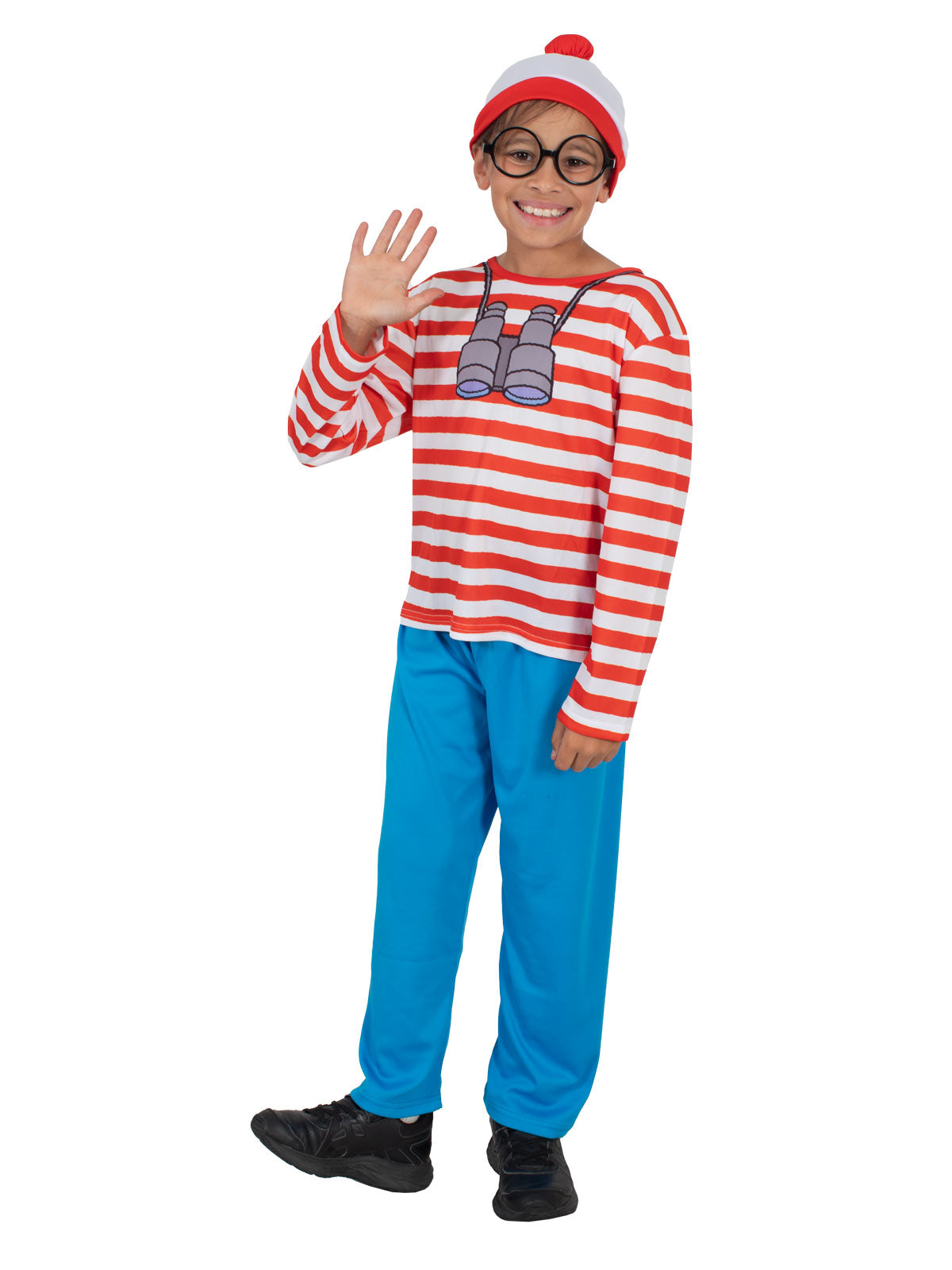 Boy in the Wally costume waving, wearing the striped top, beanie and blue pants