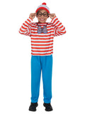 Boy in the Where's Wally costume with a red striped top, blue pants, beanie and round glasses