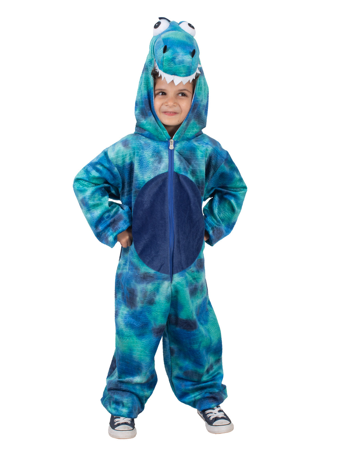 Front view of the blue Roarin' Rex dinosaur jumpsuit with hood and zip front