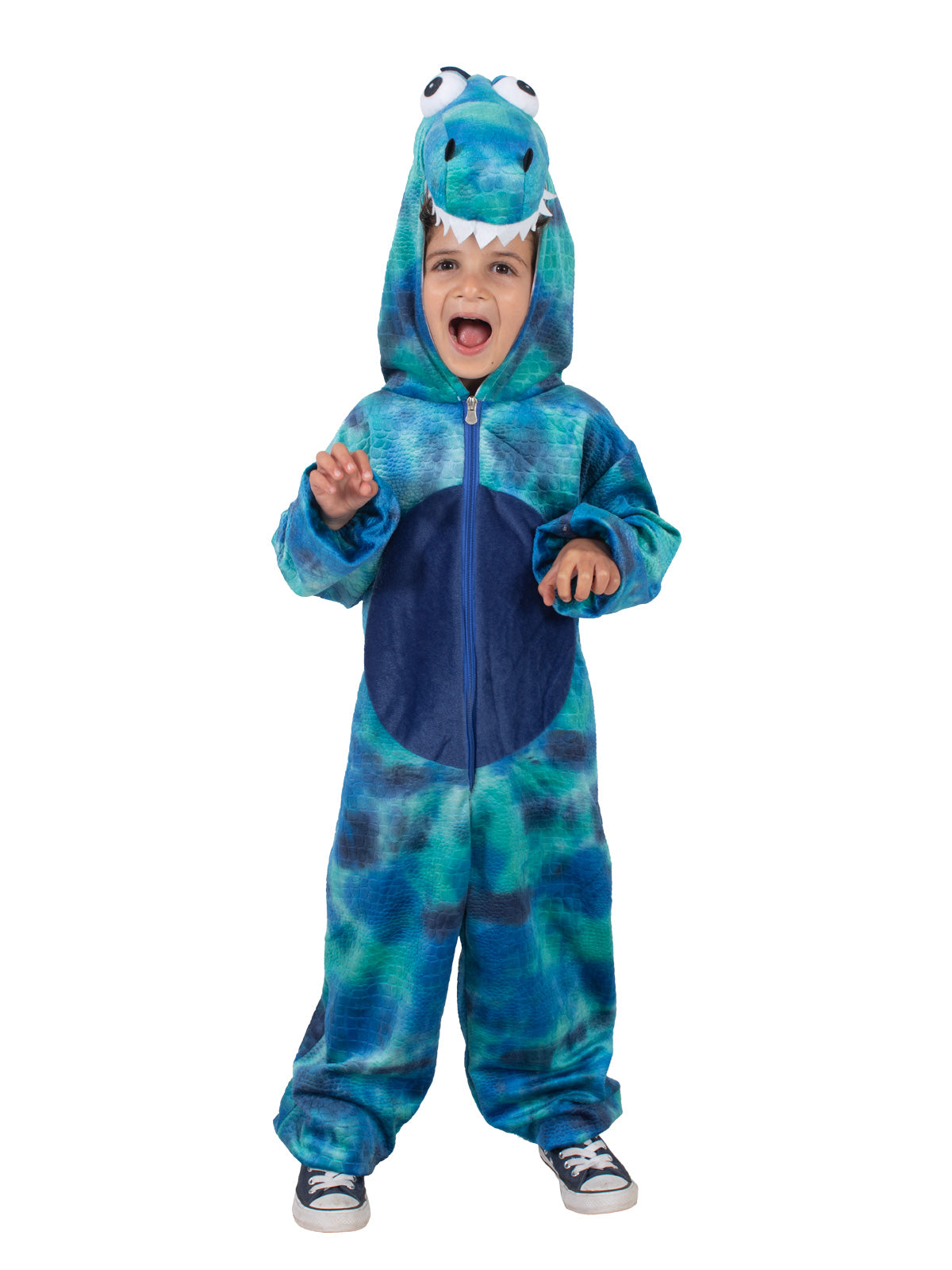 Child in the blue Roarin' Rex jumpsuit with a dark blue chest panel, hood up and arms out