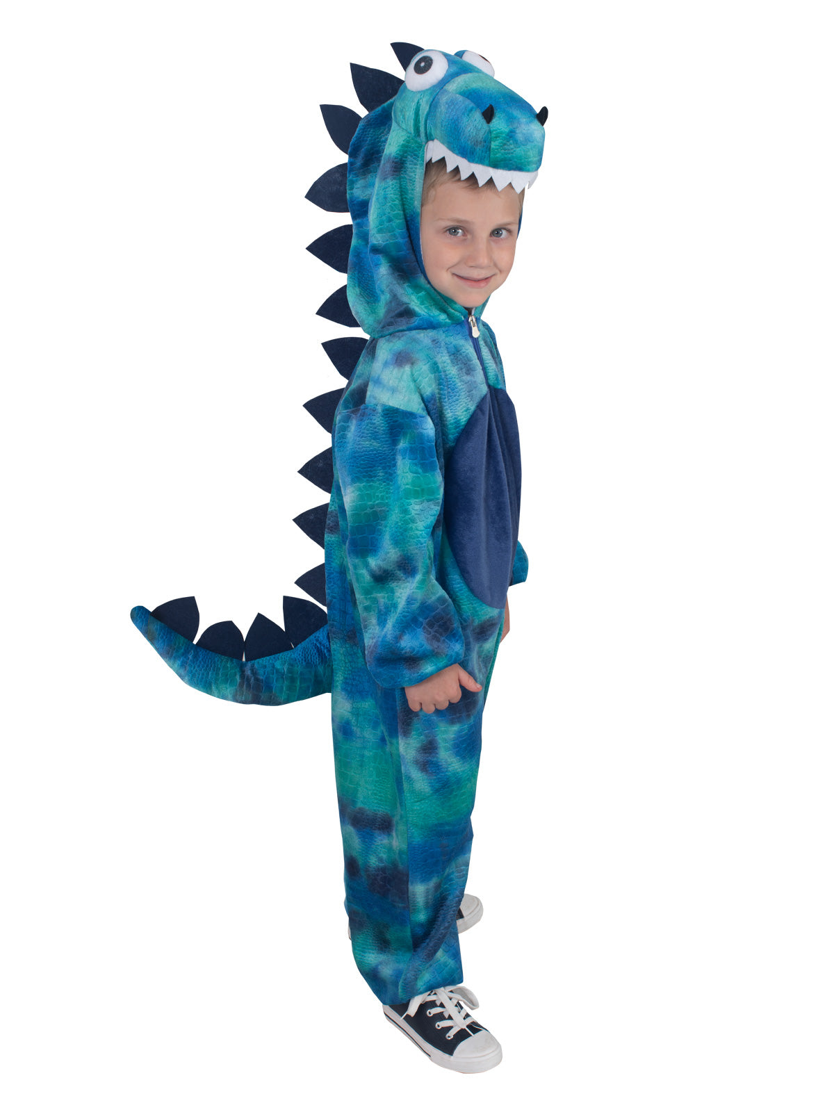 Back view of the blue Roarin' Rex dinosaur jumpsuit showing felt scales and the plush tail