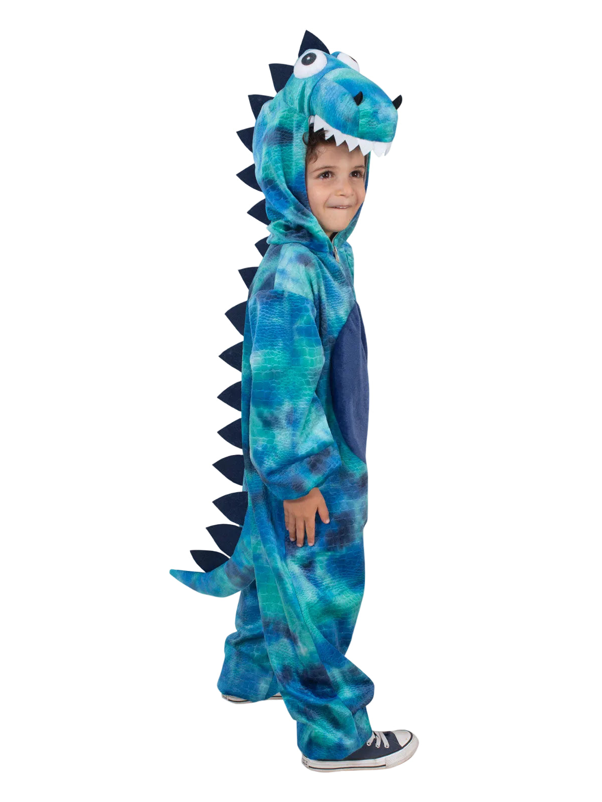 Child in the blue Roarin' Rex dinosaur jumpsuit with spiked back scales and a hood, side view