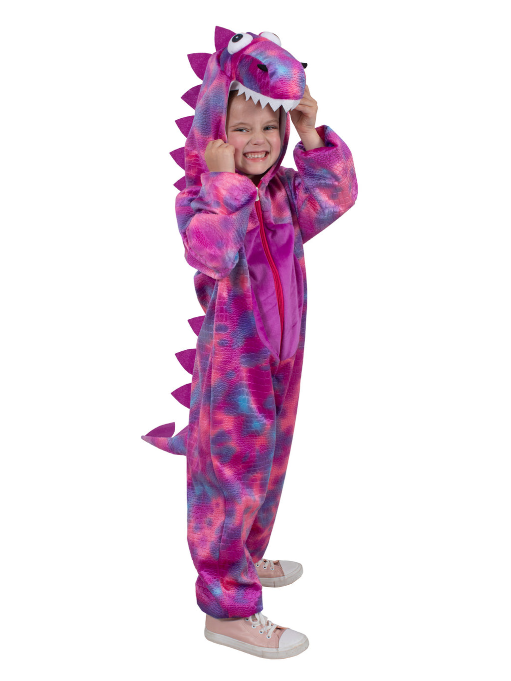Child in the pink and purple Roarin' Rex jumpsuit with a toothy hood and felt scales, standing