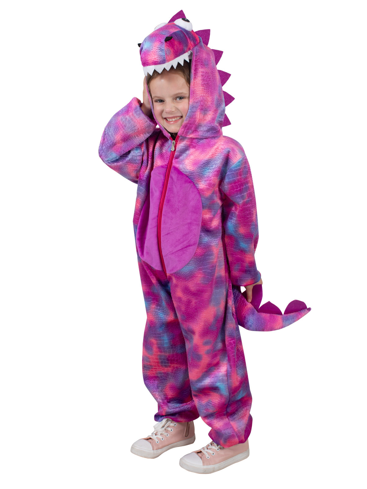 Child holding the hood of the pink Roarin' Rex dinosaur jumpsuit, with the plush tail behind