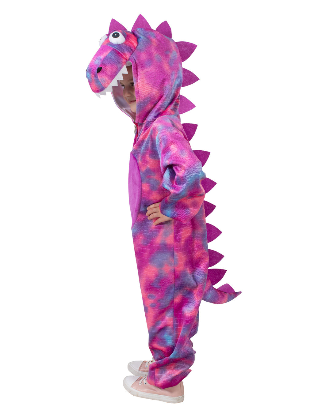 Side view of the pink and purple Roarin' Rex jumpsuit with felt scales down the back