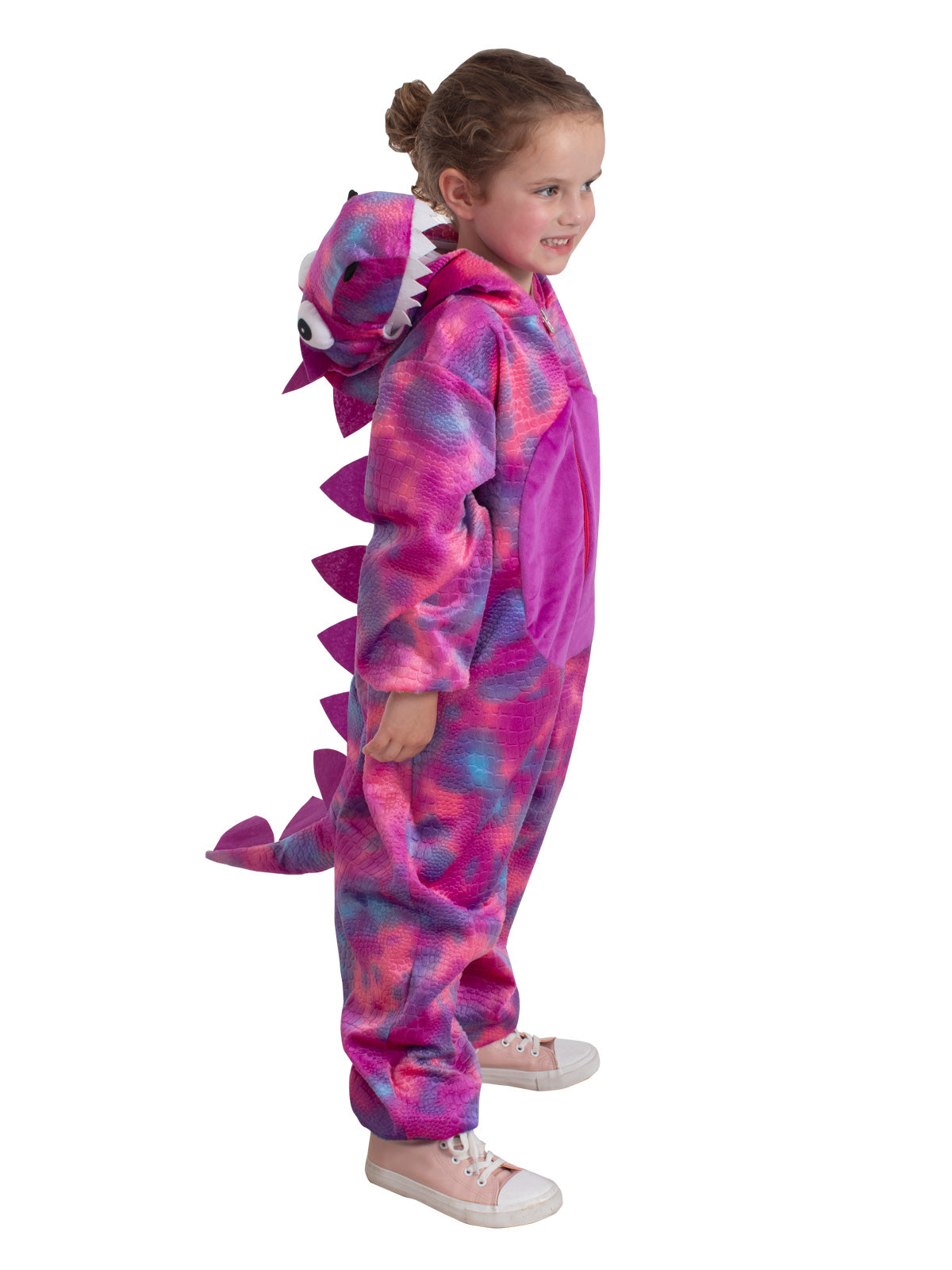 Child in the pink Roarin' Rex dinosaur jumpsuit seen from the side, hood up with felt spikes