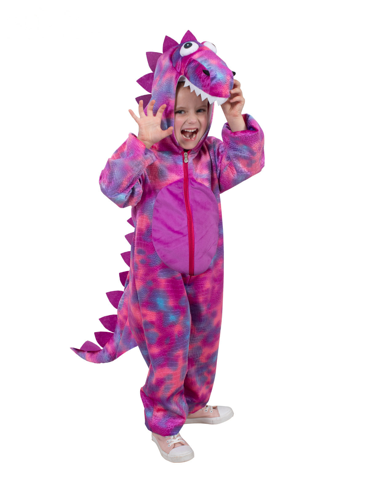 Child in the pink and purple Roarin' Rex dinosaur jumpsuit with a spiked hood, hands up by the head