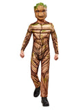 Child in the Marvel Groot Deluxe Guardians of the Galaxy Vol. 3 jumpsuit with bark print, padded chest and mask