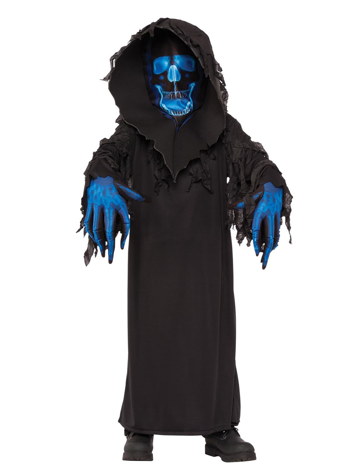 Child in a Skull Phantom costume with long tattered black robe and oversized hood with blue skull face