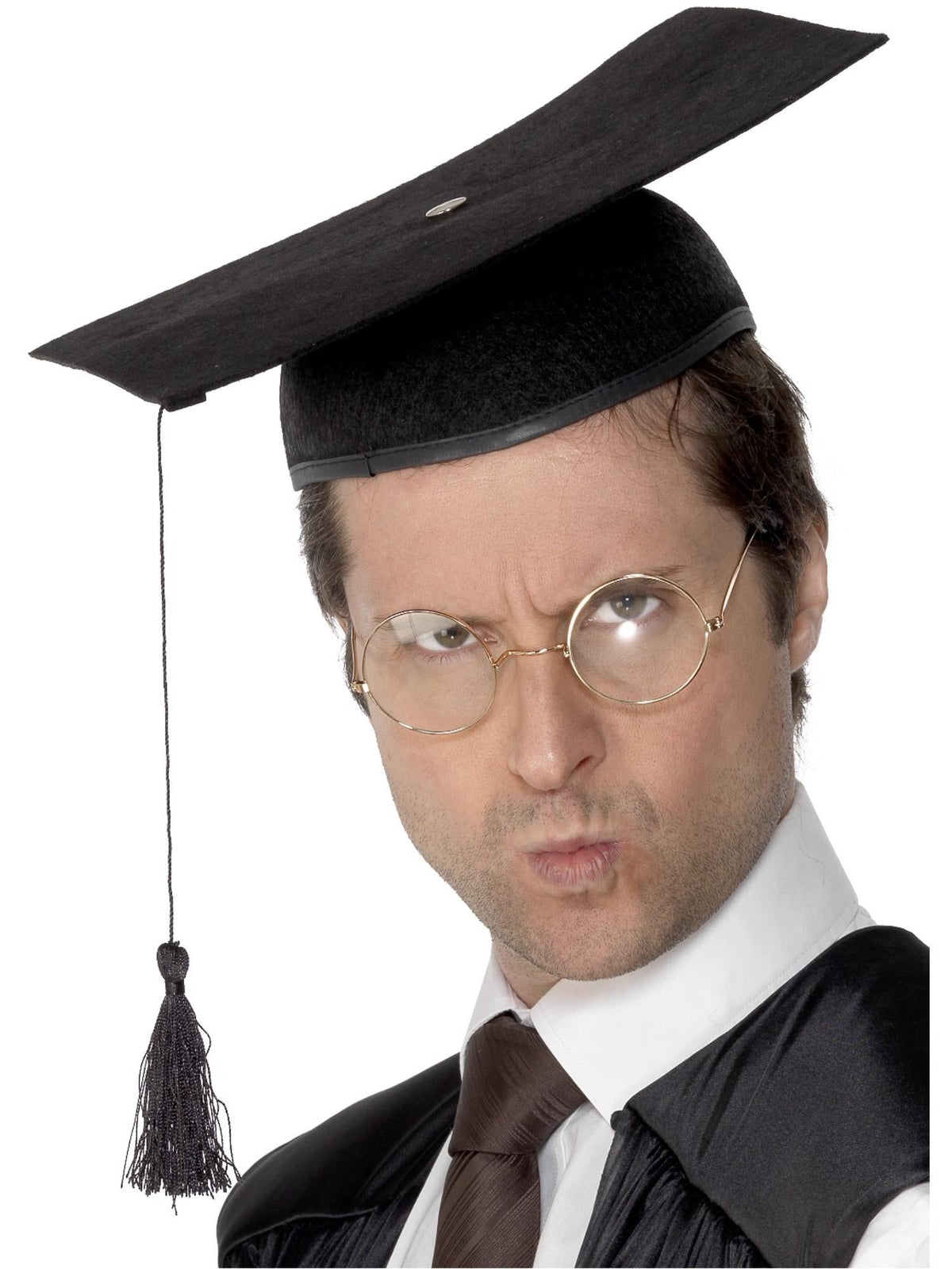 Man wearing a black graduation mortarboard hat with tassel