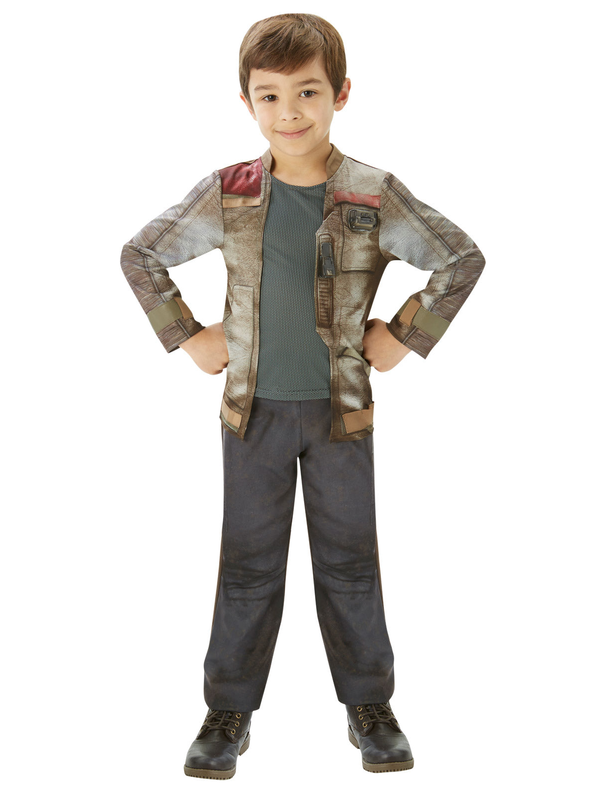 Boy in the Star Wars Finn Deluxe costume with a brown padded jacket, grey top and dark pants