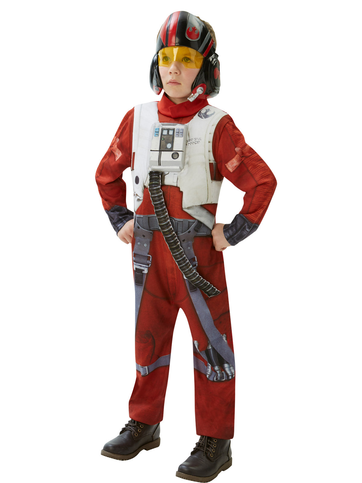 Child in an orange X-Wing Fighter pilot jumpsuit with white vest print, harness, moulded chest piece and helmet mask