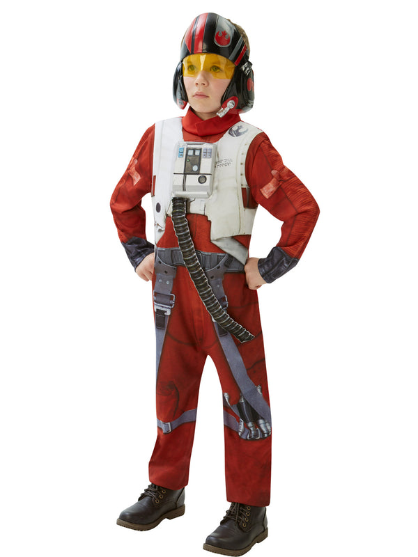 Child in an orange X-Wing Fighter pilot jumpsuit with white vest print, harness, moulded chest piece and helmet mask