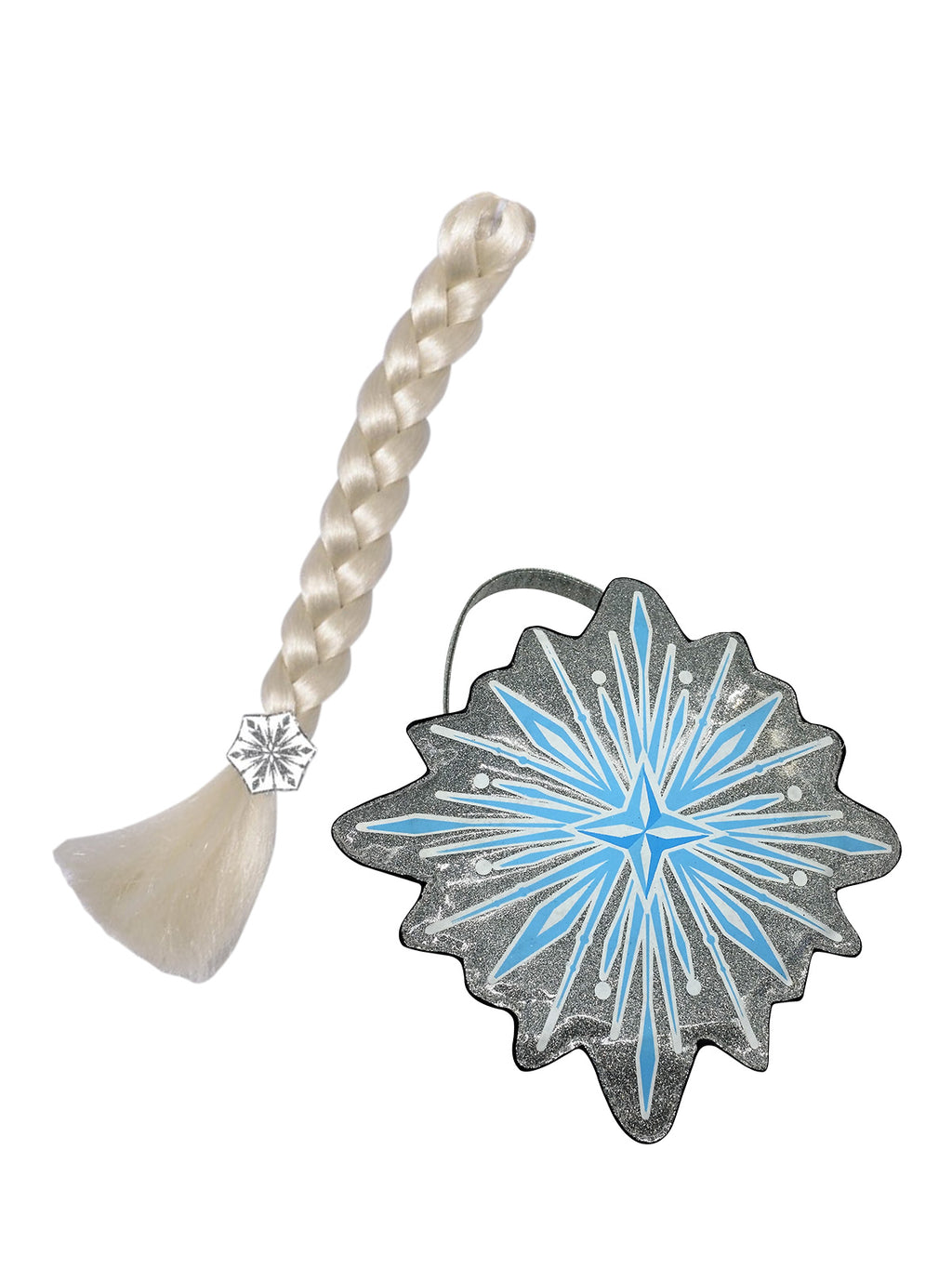 White-blonde Elsa plait beside a blue snowflake-shaped accessory bag