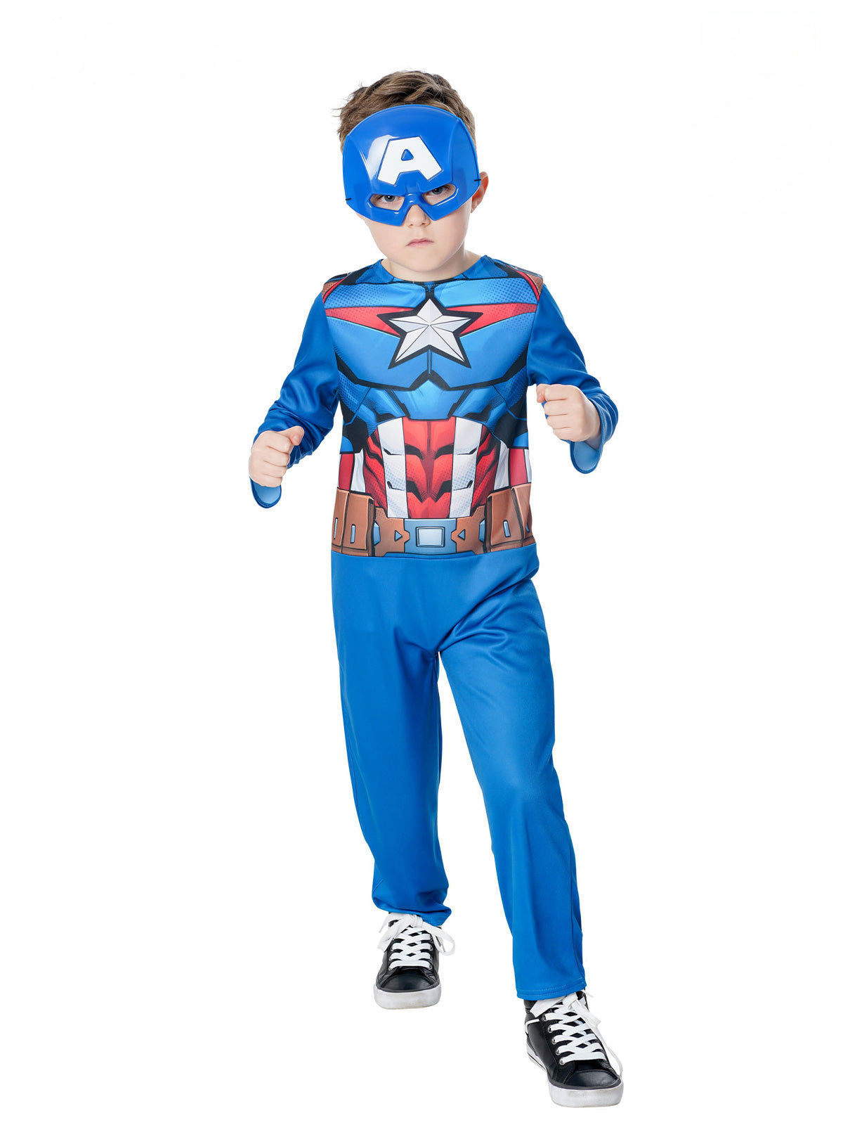 Boy in a blue Captain America printed jumpsuit with star emblem, printed belt and half mask