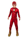 Boy wearing a red The Flash 2023 jumpsuit with printed muscles, lightning emblem, gold boot tops and half mask
