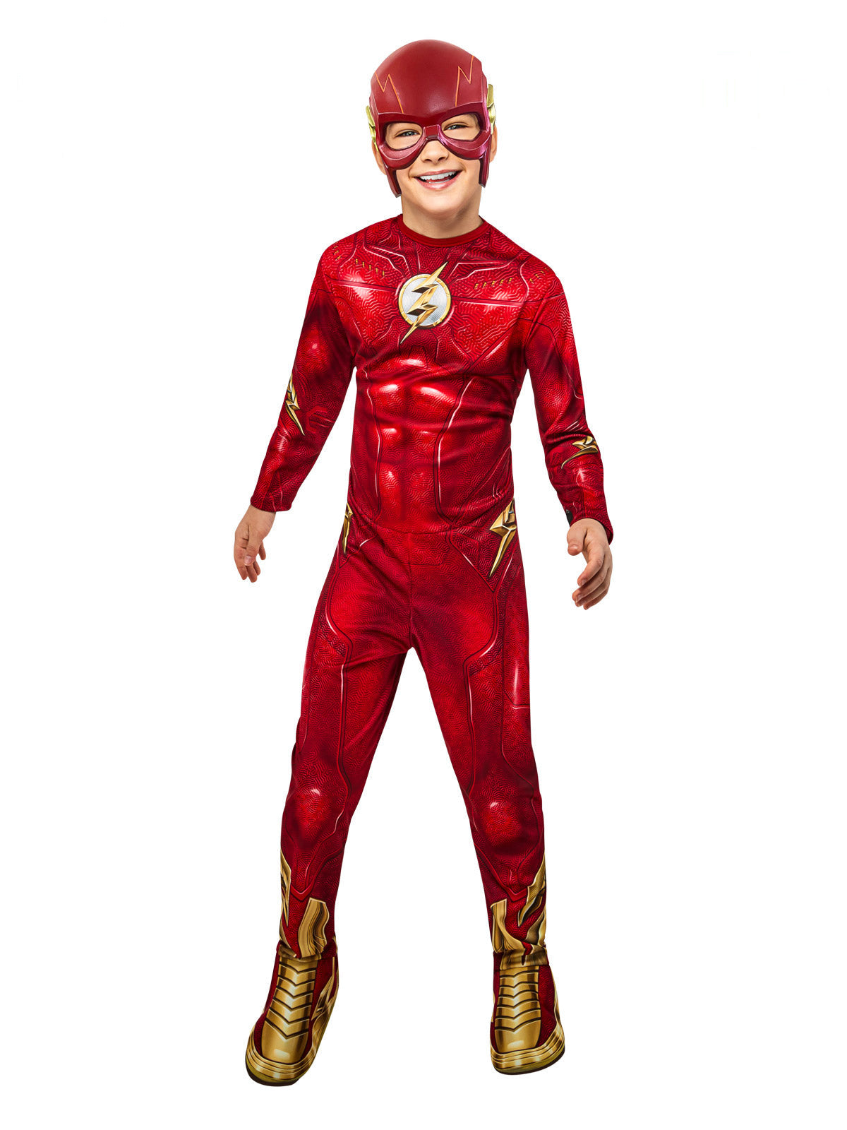 Boy wearing a red The Flash 2023 jumpsuit with printed muscles, lightning emblem, gold boot tops and half mask