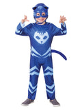 Boy in a blue PJ Masks Catboy printed jumpsuit with tail and cat-ear headpiece